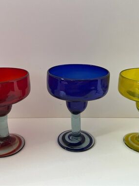 3 Margarita Handblown Glass Goblet, Red, Yellow, Blue - Home Art